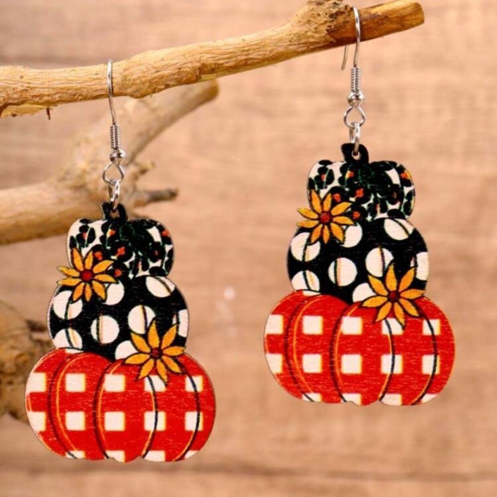 3for$20 1 Pair Reversible Cute & Fashion Triple Floral Pumpkin Print Dangle Wood